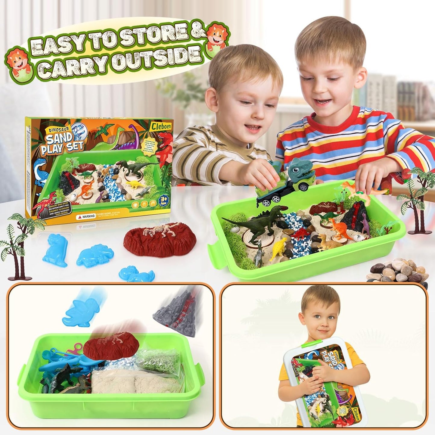TUZT Dinosaur Sensory Bin & Play Sand Toy Kits for Toddlers Kids - 2lbs Magic Sand & Play Set, 10 Dino Molds & 7 Sand Models with Truck, Christmas Birthday Sandbox Gift for Boys Girls 3+ Years Old