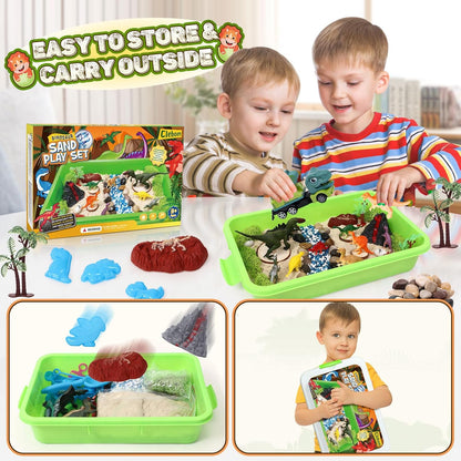 TUZT Dinosaur Sensory Bin & Play Sand Toy Kits for Toddlers Kids - 2lbs Magic Sand & Play Set, 10 Dino Molds & 7 Sand Models with Truck, Christmas Birthday Sandbox Gift for Boys Girls 3+ Years Old