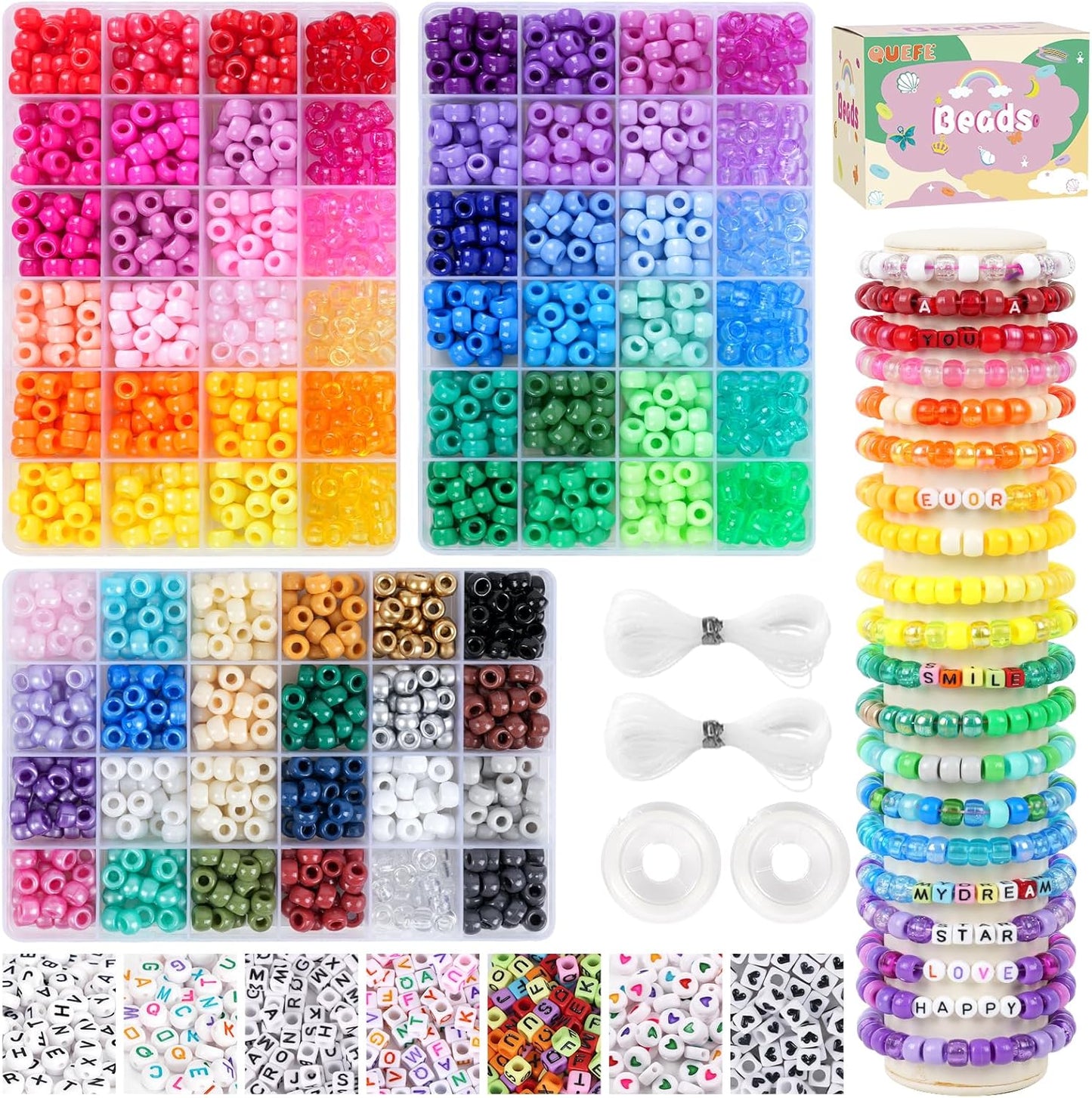Bracelet Making Kit 96 Colors Pony Beads 3300pcs Friendship Bracelet Kit Rainbow Kandi Beads with Letter and Heart Beads Elastic Threads for Kids Adults Keychain Jewelry Necklace Making