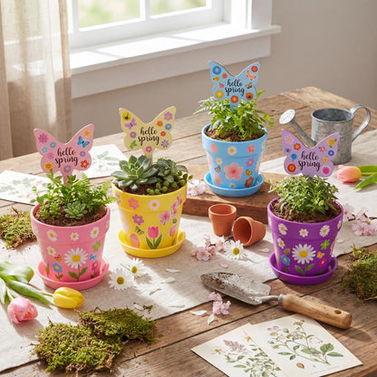Funnymoom 48 Set Paintable Flower Gardening Kit Bulk DIY Paint and Plant Garden Plastic Flower Pot with Tray Stickers for Home Easter Party Art Mother's Day Spring Gifts Gardening Summer Activities