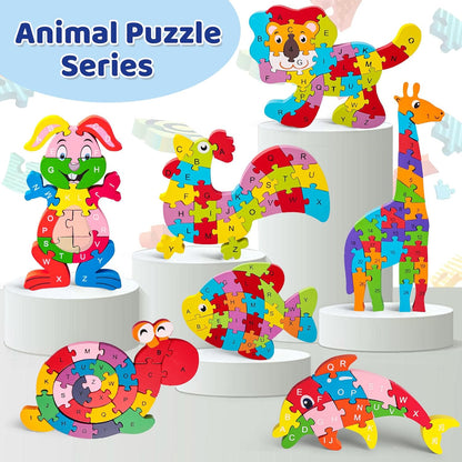 LovesTown Wooden Puzzles for Kids, Double Sided Giraffe Jigsaw with Alphabet & Numbers, Montessori Educational Toy for Toddlers, Chunky Animal Gift