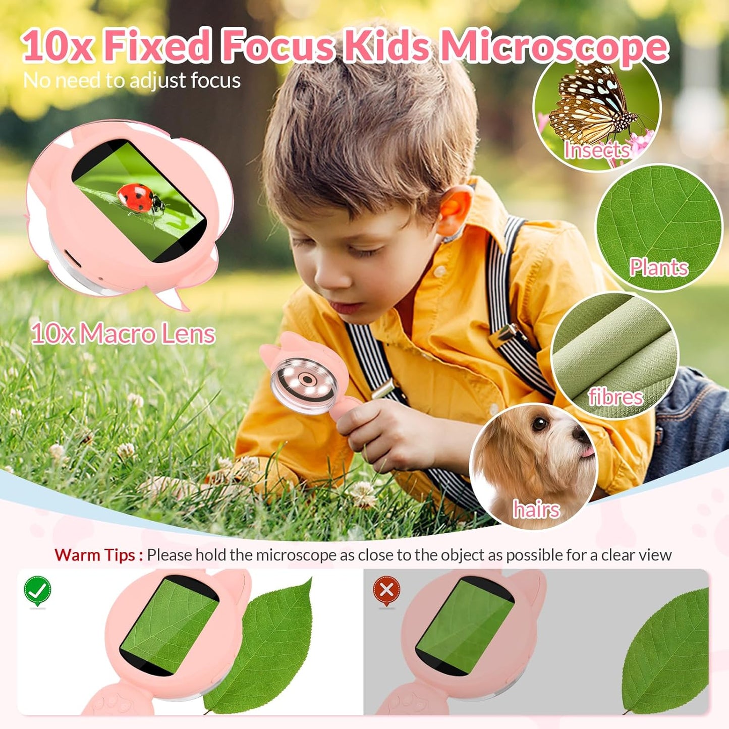 Mafiti Microscope for Kids Mini Pocket Handheld Kids Microscope Educational Science Kit Toys Xmas/Birthday Gifts for Aged 3-12 Girls Boys,Pink