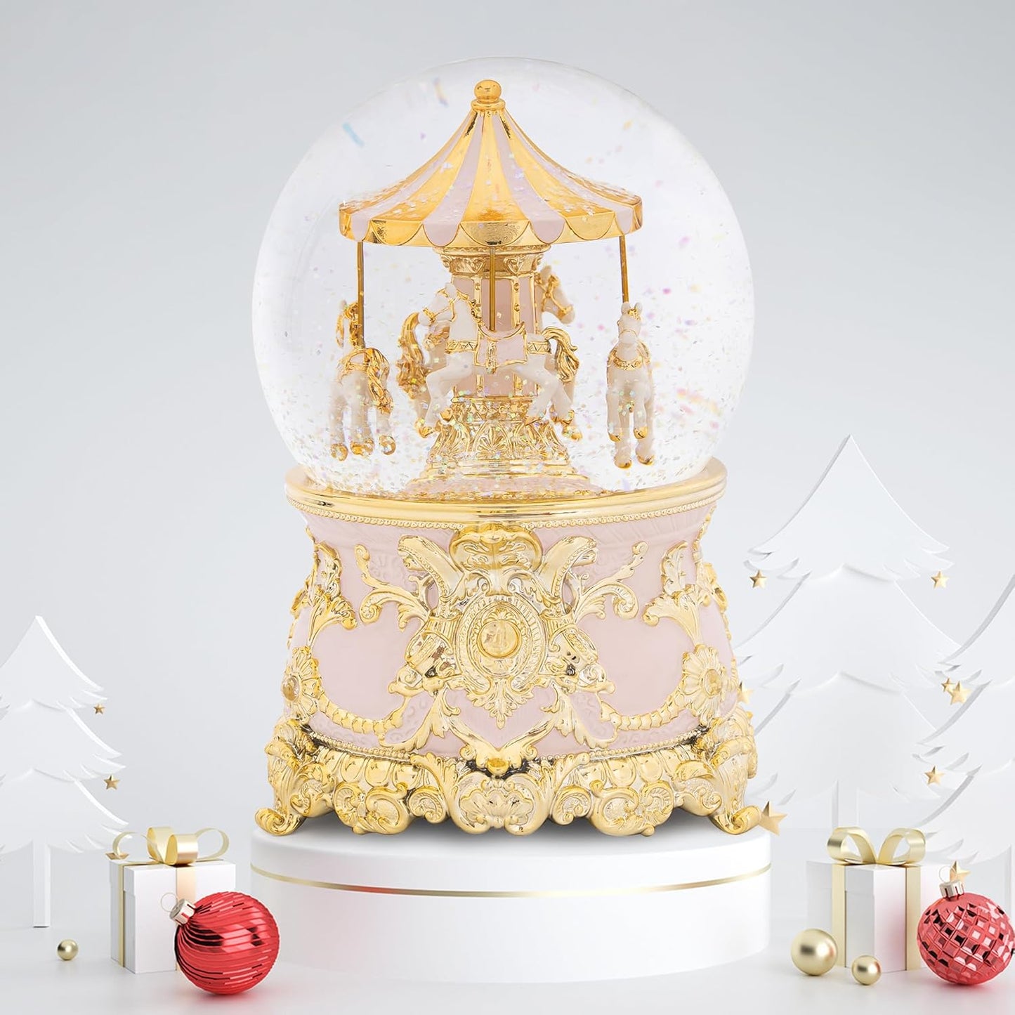 Carousel Music Box Gold & Ivory Christmas Snow Globes, 8.3" Rotate Carousel Snow Globe for Kids & Adults, Classic Wind up Musical Snow Globe Birthday Gifts for Women Girls, Carousel Horse Home Decor