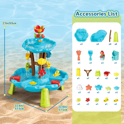 deAO Flower Water Sand Table for Kids 2-Tier Outdoor Water and Sand Play Table Toy Set with 11 Piece Water Toy Accessories Summer Gift for Boys Girls