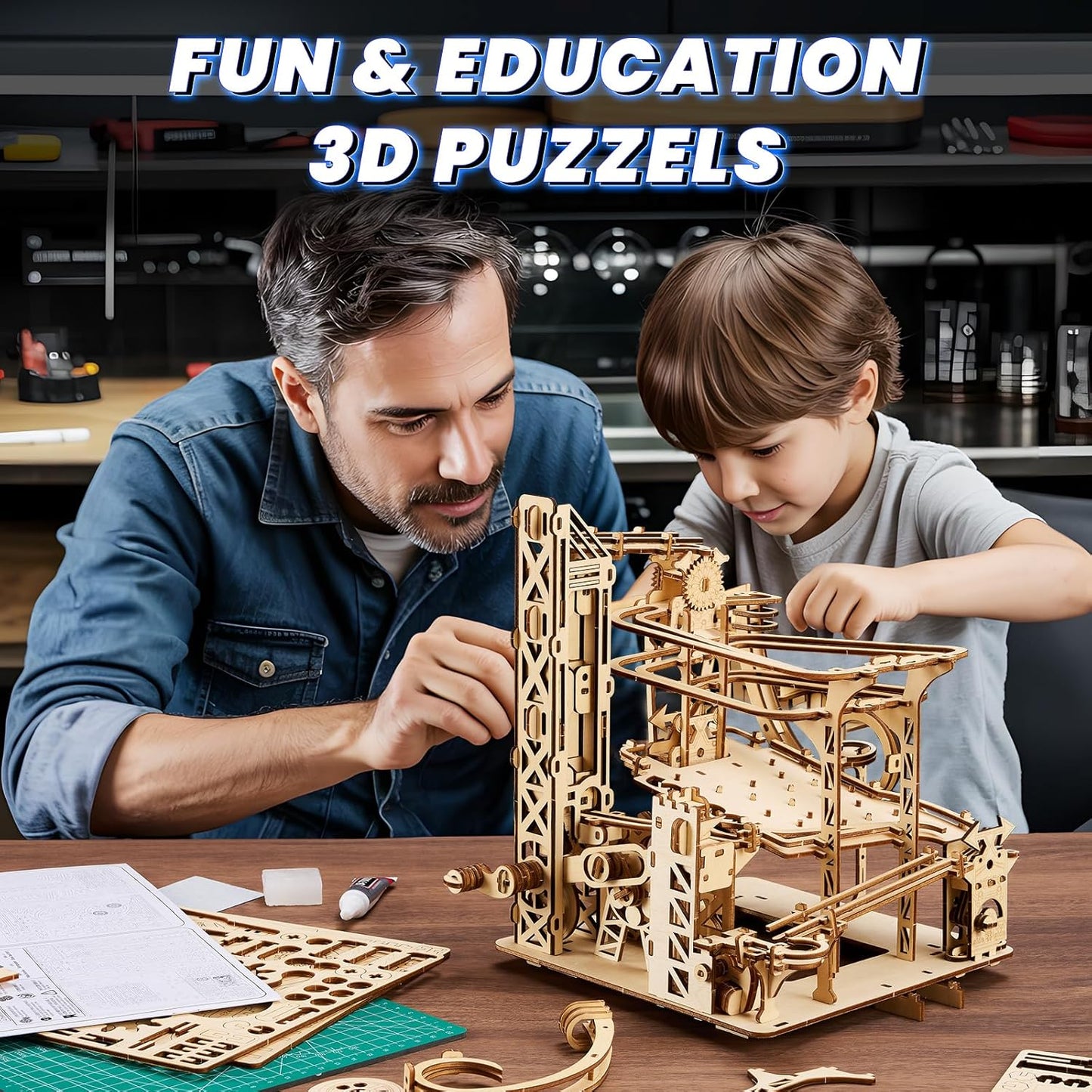 3D Wooden Puzzles for Adults: 371pcs Wood Mechanical Marble Run Model Kits with Roller Coaster Building Set for Adults - 3D Brian Teaser Desk Toys Wooden Puzzles for Men Women Hobbies Gifts