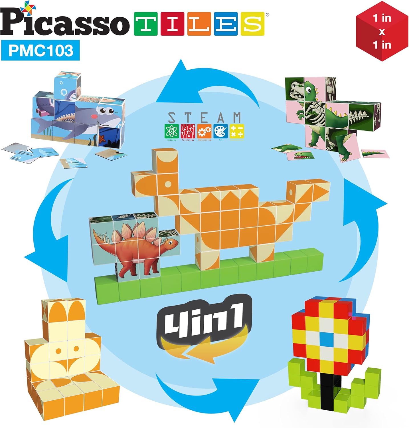 PicassoTiles 60pc Magnetic Puzzle Cube Building Set 1 Inch 3D Blocks STEM Construction Toy for Toddlers Kids Boys Girls Age 3+ Montessori Learning Travel Sensory Gift with Educational Idea Book PMC60
