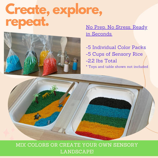 Rainbow Sensory Rice/Bin Filler for Calm, Creative Play. 5 Colors, 5 Cups (2.25 lbs). Montessori Fine Motor Activity for Kids- Non-Toxic, Hand-Dyed, Sensory Toy - Made in USA