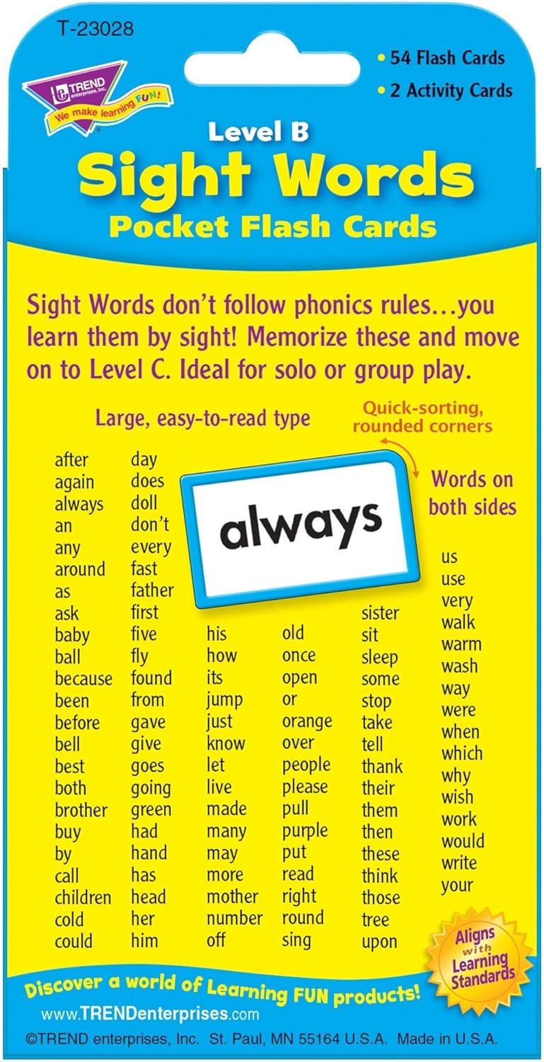 Trend Enterprises: Sight Words Level B Pocket Flash Cards, Great for Skill Building and Test Prep, 56 Two-Sided Cards Included, 108 Commonly-Used Words, for Ages 5 and Up