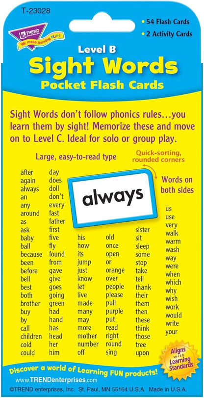Trend Enterprises: Sight Words Level B Pocket Flash Cards, Great for Skill Building and Test Prep, 56 Two-Sided Cards Included, 108 Commonly-Used Words, for Ages 5 and Up