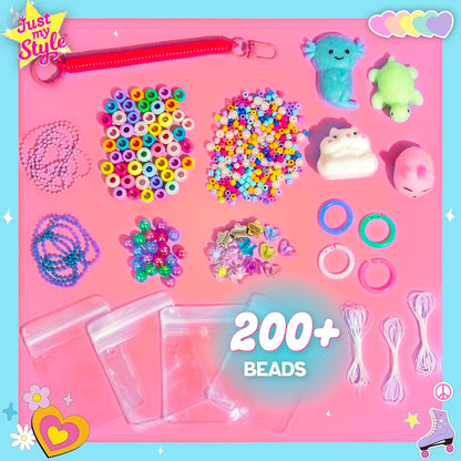 Just My Style Squishy Charms, Create 5 Squishy Bag Charms, Necklaces, Friendship Bracelets with Kawaii TPR Squishies in Pouches & Beads for Jewelry Making, Unique Jewelry Making Kit, Gifts for Girls