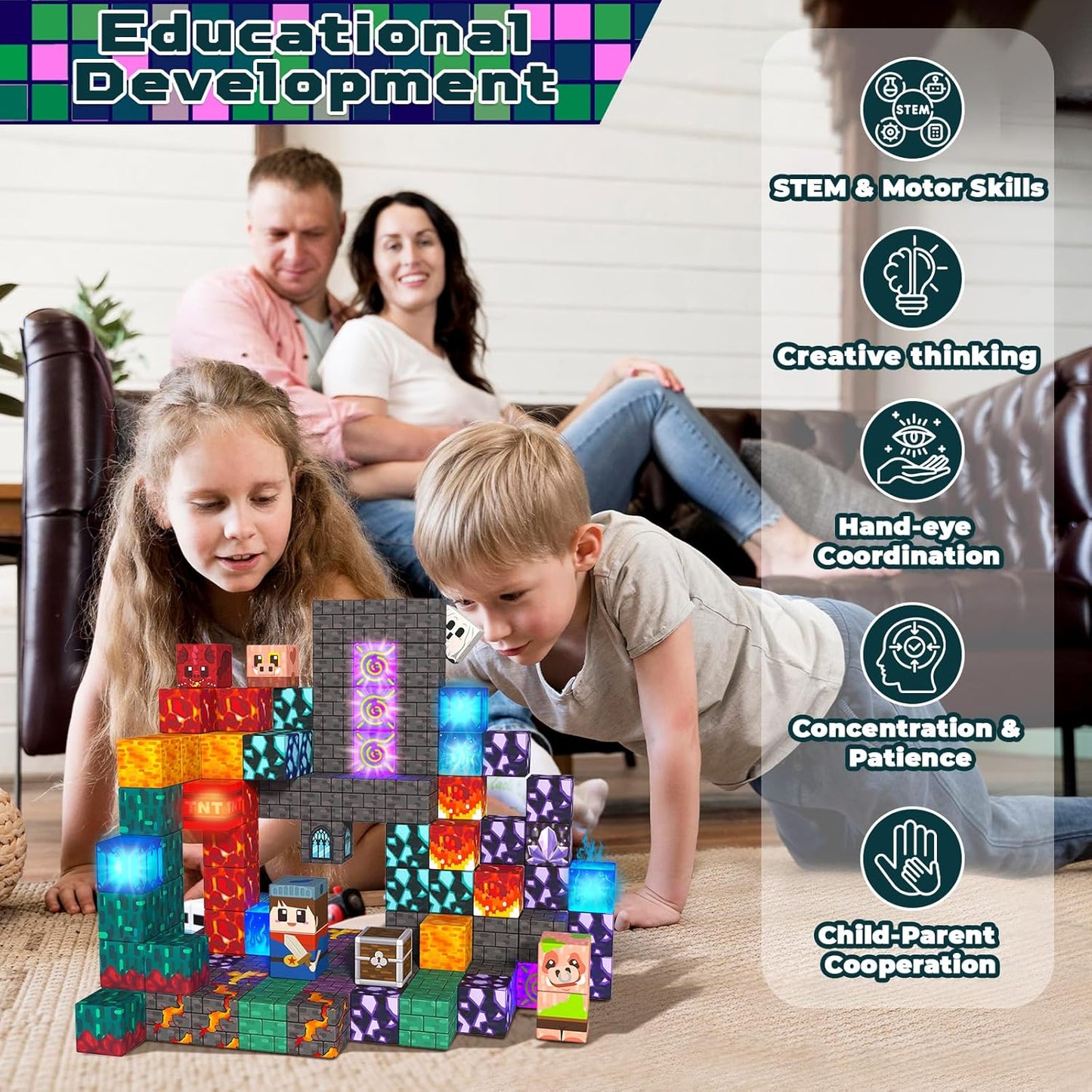 Magnetic Blocks - 200PCS Magnetic Blocks with 6 Base Plate, Magnetic Building Blocks for Kids Ages 4 5 6 7 8, Stacking Magnets for Kids, Birthday Gifts for 3-10 Year Old Boy Girls, STEM Toys