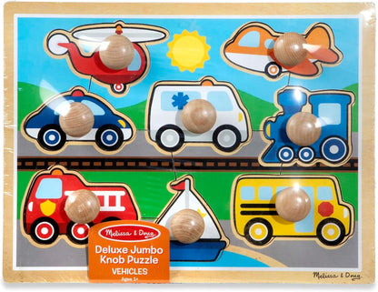 Melissa & Doug Vehicle Jumbo Knob Puzzle, Wooden Peg Puzzle for Toddlers, Educational Toy for Shape Recognition and Fine Motor Skills, Ages 1+