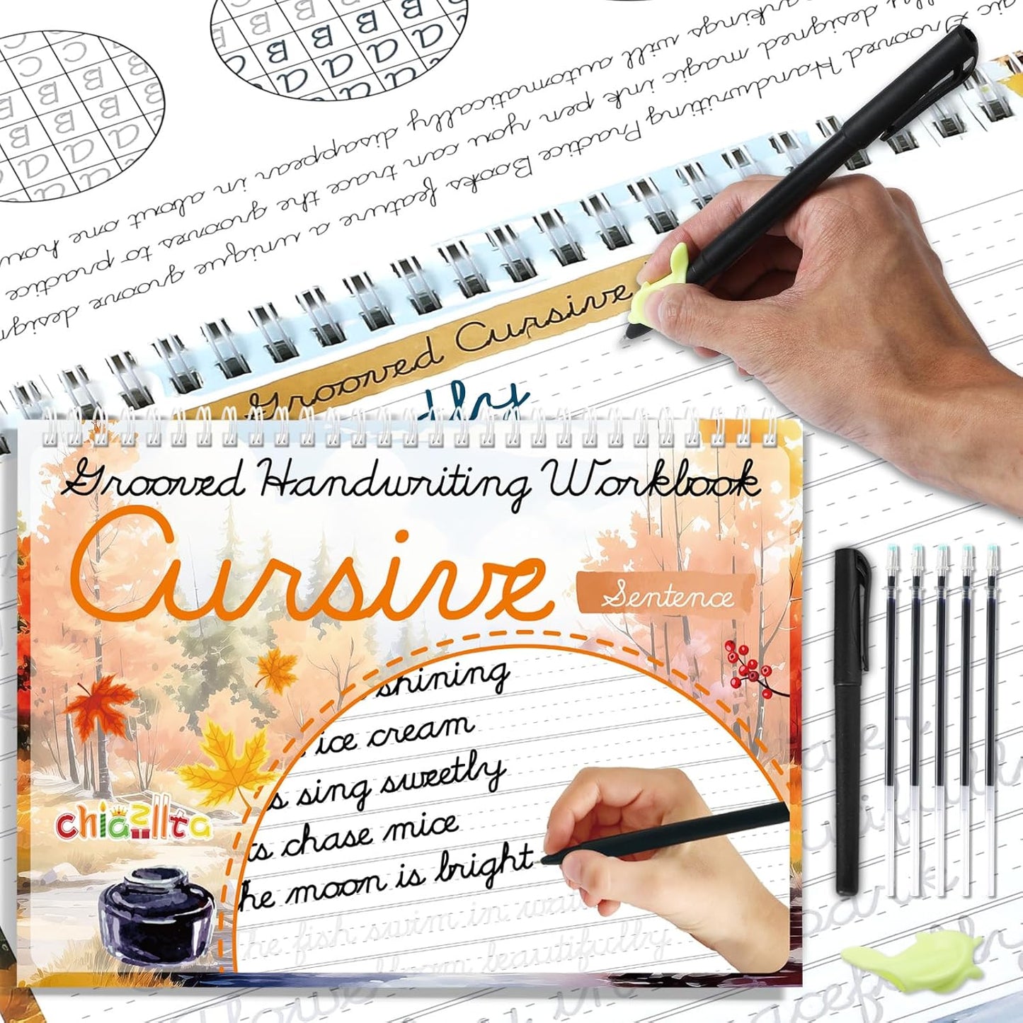 chiazllta Grooved Cursive Handwriting Workbook with Disappearing Ink Pens Magic Reusable Grooved Cursive Writing Practice for Beginners Kids Kickoff Student Workbook Homeschooling Supplies (Letters)