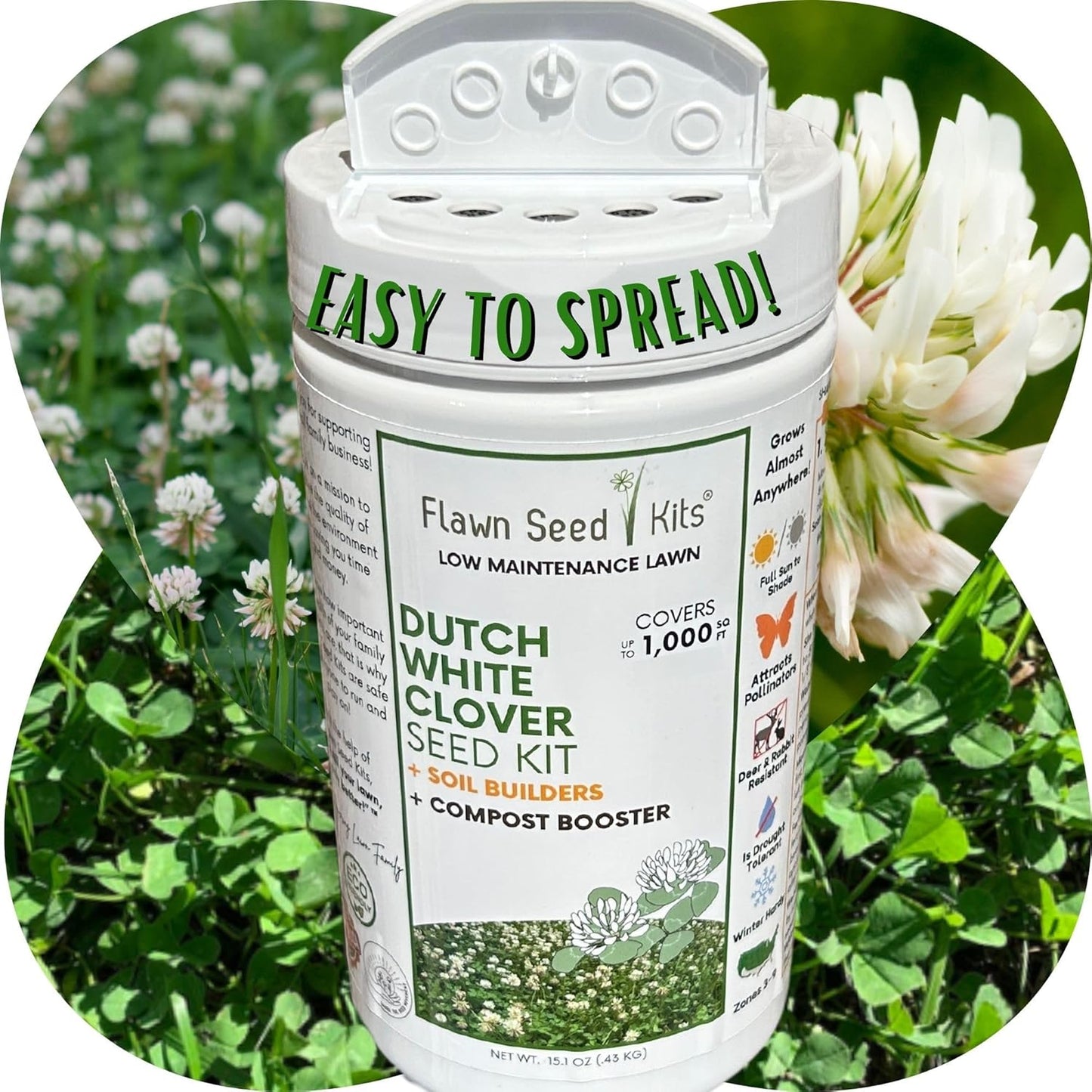 Lawn Seed Kits Dutch White Clover Seed Kit, Easy Spread Shakers, Low Maintenance Lawn, Alternative Ground Cover, Covers up to 250 Sqft