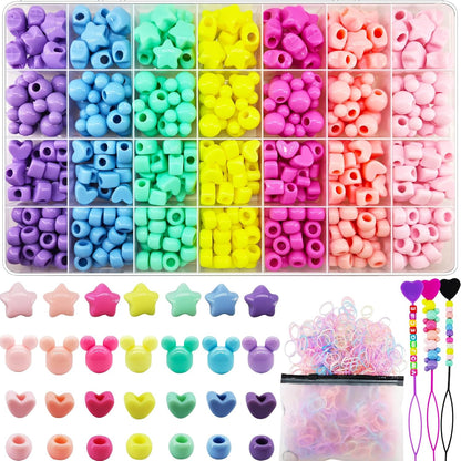 JJzxwish 1605 Pcs Hair Beads for Braids with Elastic Rubber Band Threaders Kit, Candy Color Acrylic Mickey Heart Star Alphabet Beads Pastel Pony Bead Kandi Bead for Bracelet Jewelry Making DIY Craft