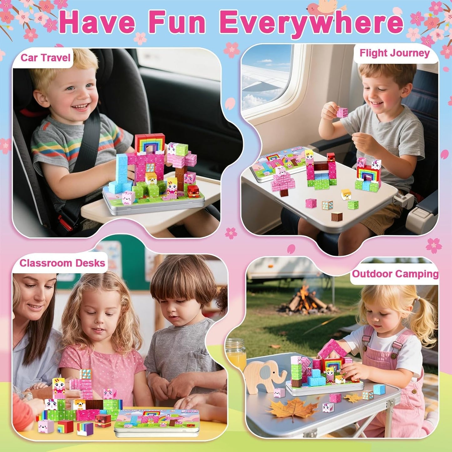 QOUBAI 45PCS Mini Magnetic Blocks Travel Toys, Magnet Building Cubes Tiles Set with Portable Iron Case, Learning Activities Gifts for Kids Toddlers Boys & Girls Ages 3-8 (Construction)