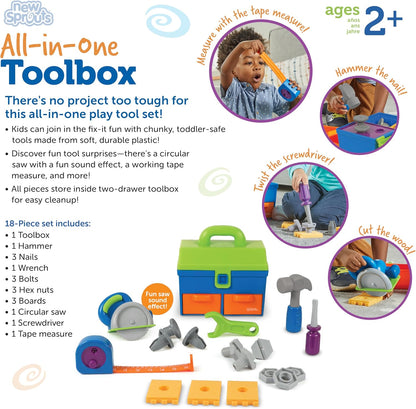 Learning Resources New Sprouts All-in-One Toolbox - Kids Tool Set, Toddler Toys, Fine Motor Skills, Pretend and Play Construction Box, Montessori Drill and Screw Toys, Gifts for Boys and Girls