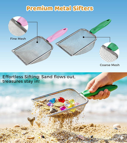 Eicaus 46 PCS Beach Sand Toys for Kids Toddlers, Collapsible Sand Buckets & Mesh Bag Set with Heavy Duty Metal Sifters, Treasure Hunt Gems, Castle Molds, Travel Sandbox Toys for Boys Girls