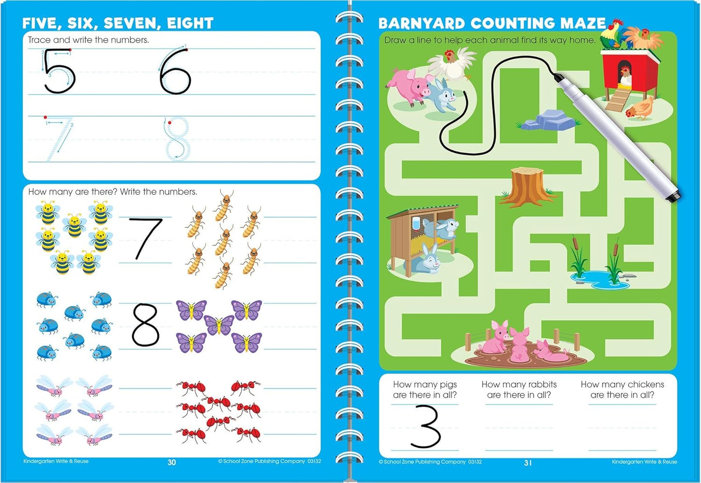 School Zone Kindergarten Write & Reuse™ Workbook: 52 Wipe-Clean Pages, Spiral-Bound, Early Math, ABCs, Counting, Ages 5-6, Includes Dry-Erase Marker