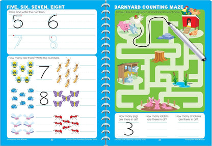 School Zone Kindergarten Write & Reuse™ Workbook: 52 Wipe-Clean Pages, Spiral-Bound, Early Math, ABCs, Counting, Ages 5-6, Includes Dry-Erase Marker