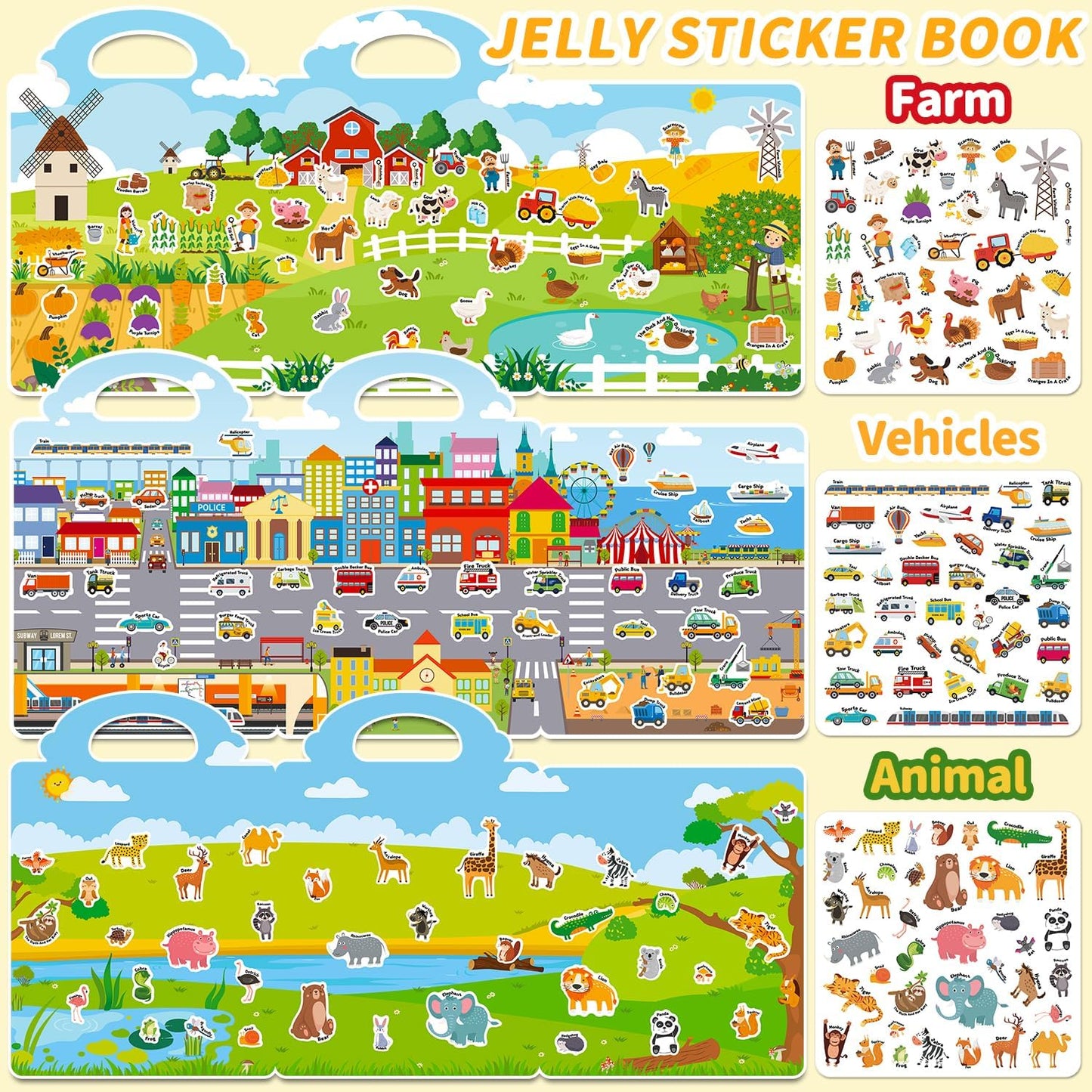 6 Sets Reusable Sticker Book for Toddlers 3-6, Jelly Sticker Books for Toddler, Travel Sticker Activity Toys for Kids 3 4 5 6 Years Old Girls & Boys