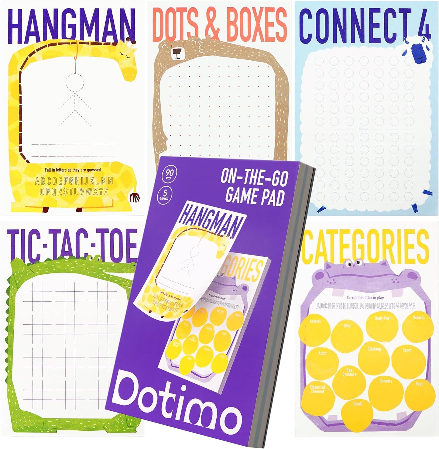 Dotimo Travel Games for Kids Ages 3+, 90-Page Activity Book with Hangman & 5 Classic Games, Screen-Free Road Trip Essentials, 6"x9" Tear-Out Sheets