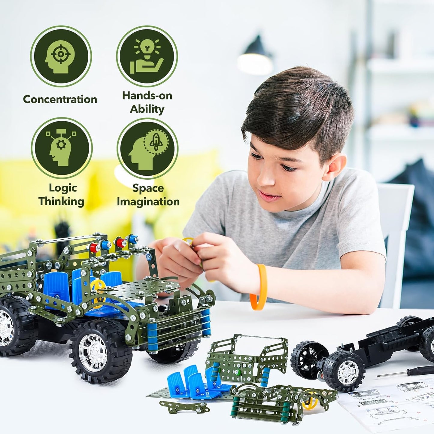Stem Toys for Boys Age 8-12 - Off-Road Metal Model Car Kits, 283pcs Stem Building Toys Kits, Army Toy for 8-10，STEM Projects for Kids 10-12, 12-14 Engineering for Ages 14 and Up Adults
