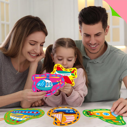 SpriteGru 9 Pieces Kids Lacing Cards, Double Sided Sewing Cards in 9 Vehicle Cards with 9 Colorful Laces, Imagination Development Lacing Toys Games for Children Educational and Learning Activity