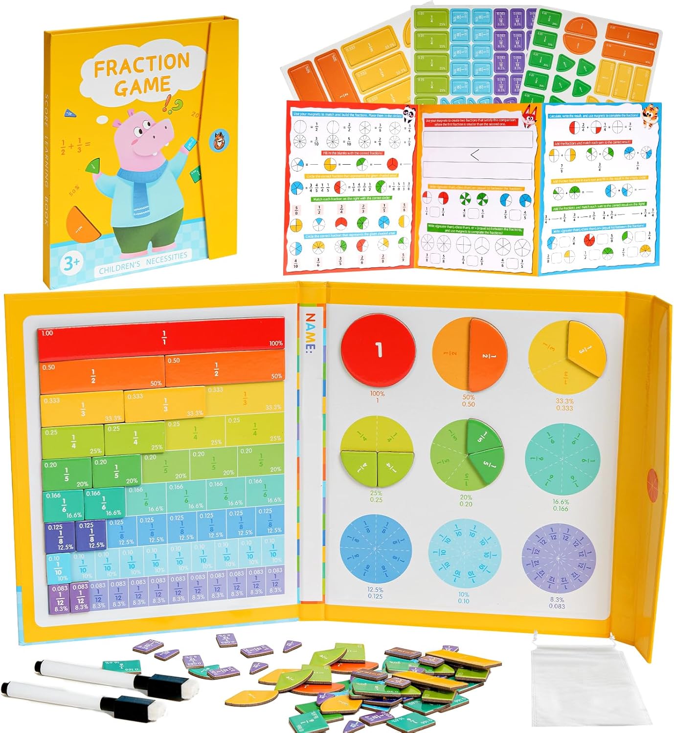 Magnetic Fraction Demonstration Book, Magnetic Fraction Tiles, Fractions Manipulatives, Score Disk Demonstrator Math Puzzle Learning Building Block Set- (2Set)