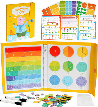 Magnetic Fraction Demonstration Book, Magnetic Fraction Tiles, Fractions Manipulatives, Score Disk Demonstrator Math Puzzle Learning Building Block Set- (2Set)