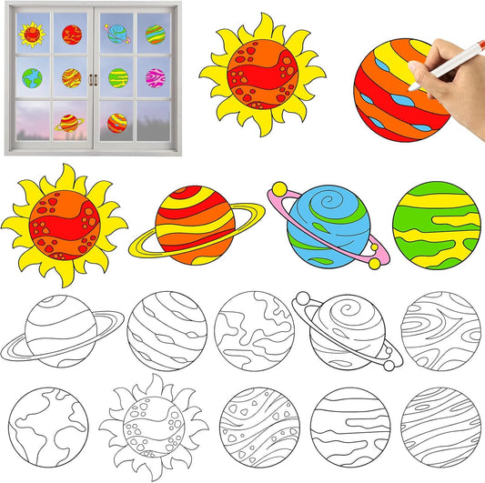 Qyeahkj 30 Set Solar System Arts Crafts for Outer Space Suncatchers Craft Kit DIY Coloring Window Cling Sticker with Markers Planet Party Christmas Gifts for Ornament Decorations