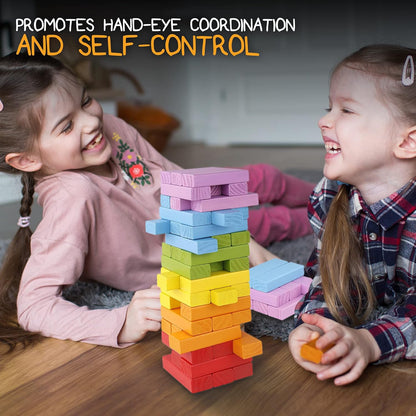 Pidoko Kids Wooden Stacking Building Blocks (49 Pcs) - Colorful Tumbling Blocks Board Games for Family Game Night - Montessori Toys Gifts, Includes Storage Bag