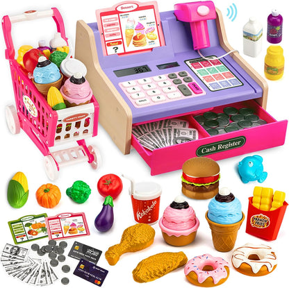 Wooden Cash Register for Kids with Shopping Cart Rechargeable Kid Cash Register with Scanner Gift for Kid Age 3 4 5 6 7 8 9 Year Old Pretend Play for Toddlers Toys for 3-12 Year Old Kids