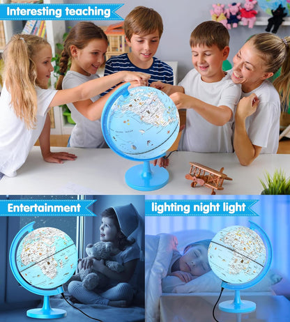 Globe for Kids Illuminated Globes of the World with Stand & Animals Illustrations Earth World Globe Night Light for Kids' Room Decor Classroom Educational Tool Birthday Gift, Dia 8-inch