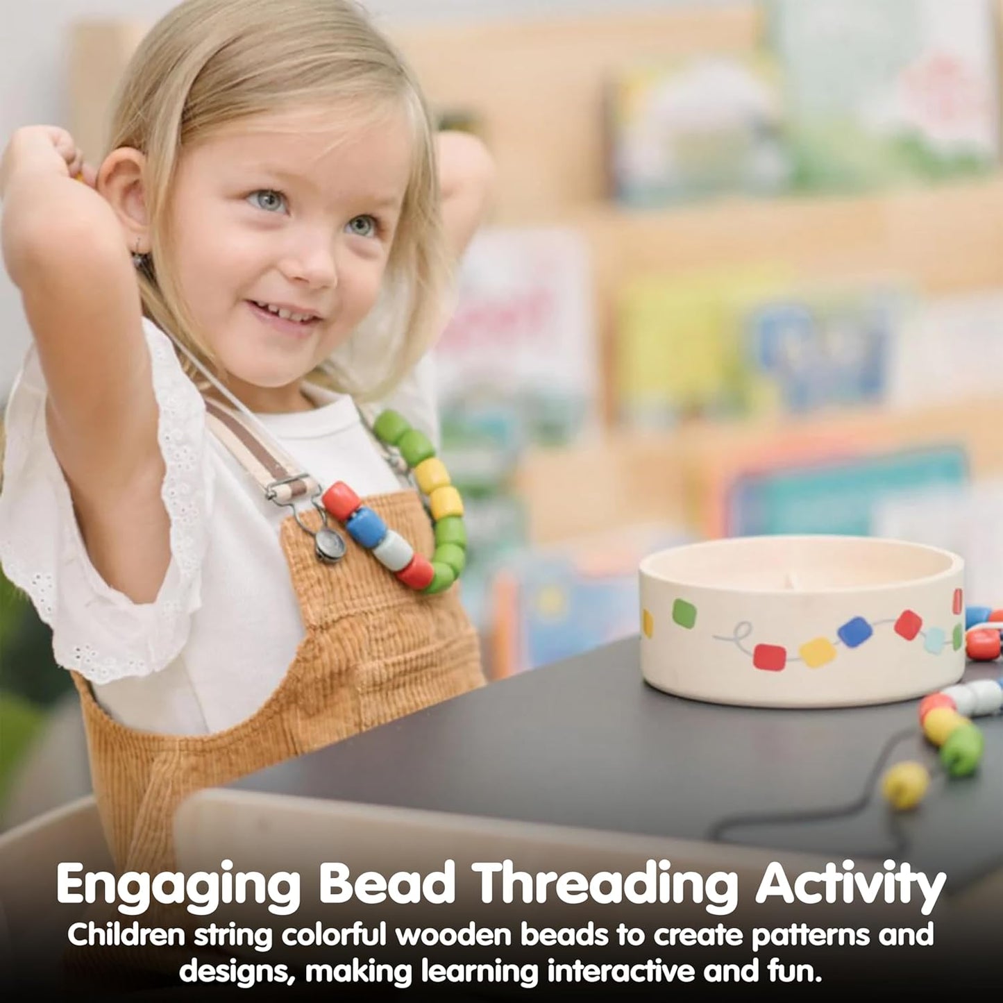 PlanToys® Threading Beads | Montessori Wooden Bead Stringing Toy for Toddlers 6M+ | Develops Fine Motor Skills, Hand-Eye Coordination & Sequencing | 60 Beads with 3 Strings & Storage Box