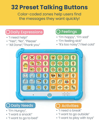 MibbyTalk AAC Device for Autism & Nonverbal Kids and Adults, Communication Tool for Home & School Use and Speech Therapy – 32 Preset Buttons, 11 Recording Buttons with Stickers, Silicone Case, Blue