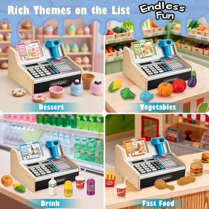 Wooden Cash Register for Kids with Shopping Cart Rechargeable Kid Cash Register with Scanner Gift for Kid Age 3 4 5 6 7 8 9 Year Old Pretend Play for Toddlers Toys for 3-12 Year Old Kids