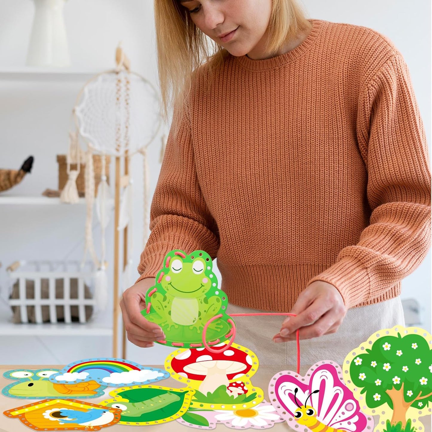 Omlisca Springtime Lacing Cards for Kids 12 Packs Double Sided Sewing Kits Flower Rainbow Butterfly Sewing Cards Educational & Learning Activities Fine Motor Skill for Preschool Supplies Spring Decor