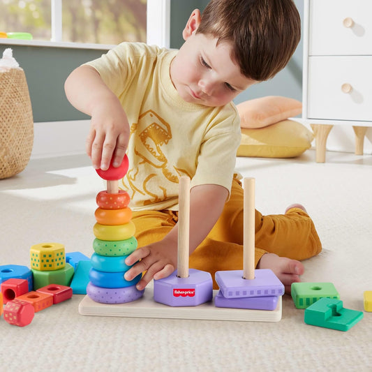 Fisher-Price Wood Toddler Toy Stacking Shape Sorter, 26-Piece Wooden Playset for Developmental Play Kids Ages 18+ Months