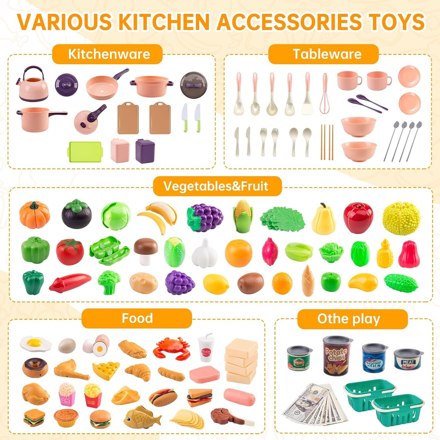 60Pcs Kids Mini Play Kitchen Accessories, Pretend Cooking Play Set with Cookware, Tableware & Fruit & BBQ Sets, Learning Gift for Boys, Girls, Toddlers,Yellow
