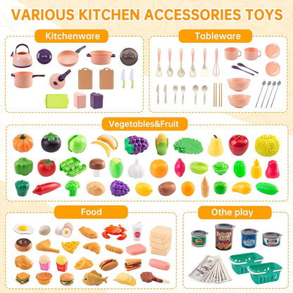 60Pcs Kids Mini Play Kitchen Accessories, Pretend Cooking Play Set with Cookware, Tableware & Fruit & BBQ Sets, Learning Gift for Boys, Girls, Toddlers,Yellow