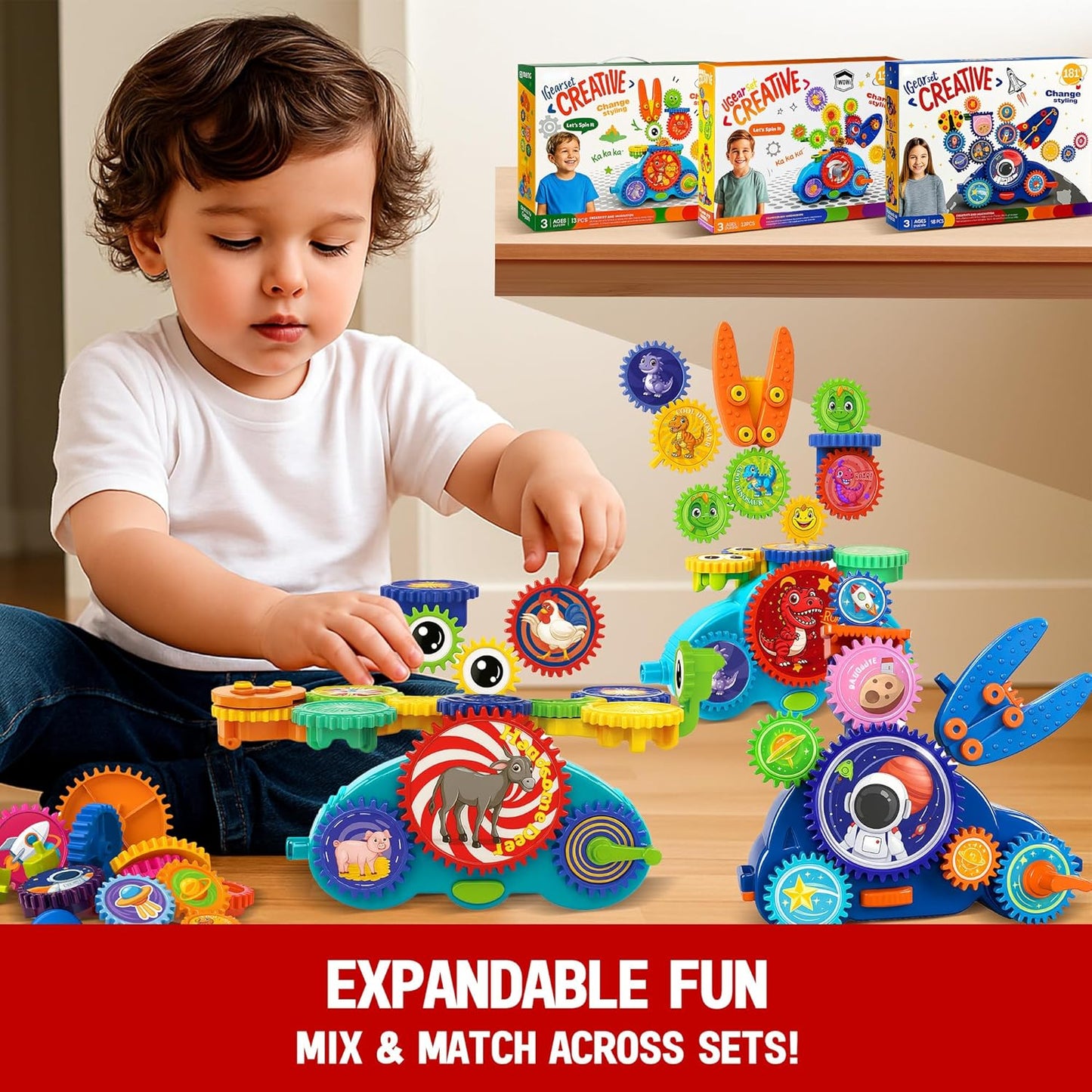 Motorized Spinning Gear Building Toys for Kids, Space Rocket STEM Construction Set, Educational Interlocking Building Blocks Puzzle | Gear Toys for Toddlers Ages 3-8