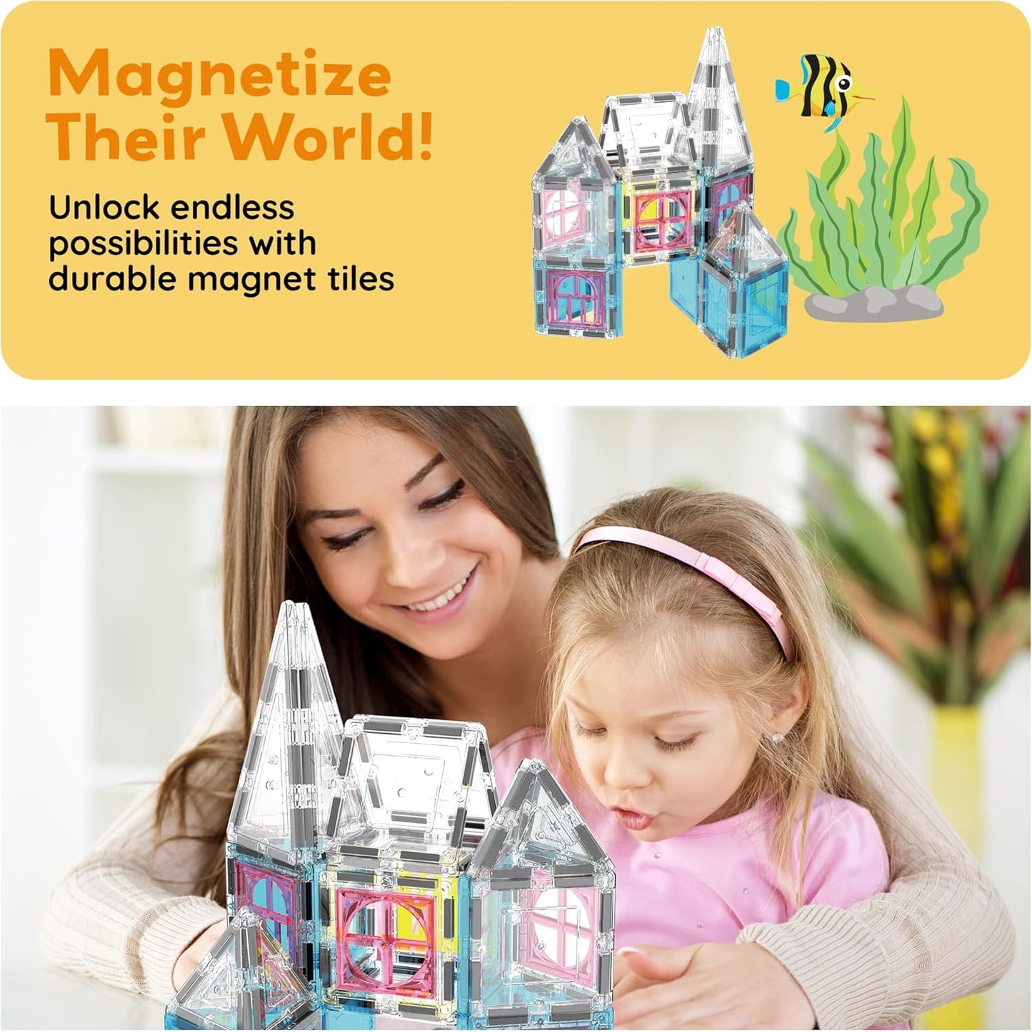 PicassoTiles Magnetic Tiles Magnet Tile Building Blocks Marine Animal World Themed Set with 8 Ocean Character Action Figures STEM Learning Toy Construction Toddlers Boys Girls Ages 3+ PTQ25