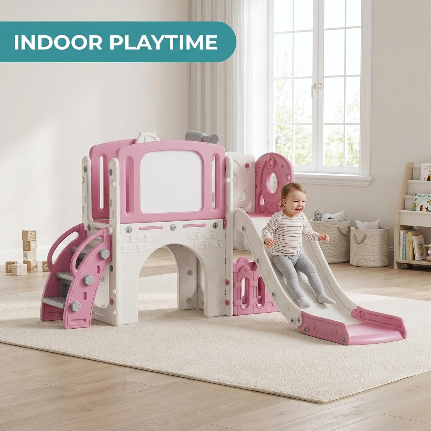 8-in-1 Toddler Slide Playground Set for Indoor & Outdoor Fun – Includes Climber, Basketball Hoop, Telescope, Tunnel, and Storage Space for Kids – Perfect for Backyard & Courtyard Activities