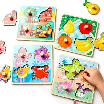 LovesTown Wooden Peg Puzzles Learning Toys Montessori Educational Knob Puzzle with Handles for Toddlers Preschool Kids 4 PCS