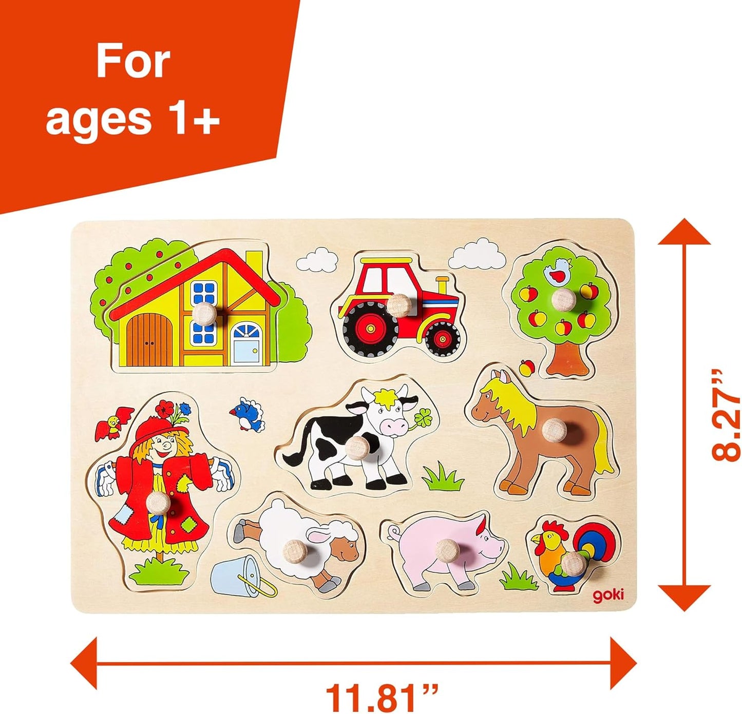 GOKI Wooden Puzzles for Toddlers 1-3 Farm Animal Peg Puzzle with Jumbo Knobs Ages 1+ Educational Montessori Toys for Shape Recognition & Fine Motor Skills - 9 Pieces-Designed with Love in Germany
