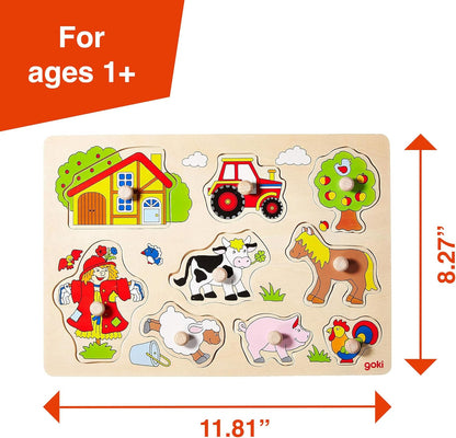 GOKI Wooden Puzzles for Toddlers 1-3 Farm Animal Peg Puzzle with Jumbo Knobs Ages 1+ Educational Montessori Toys for Shape Recognition & Fine Motor Skills - 9 Pieces-Designed with Love in Germany