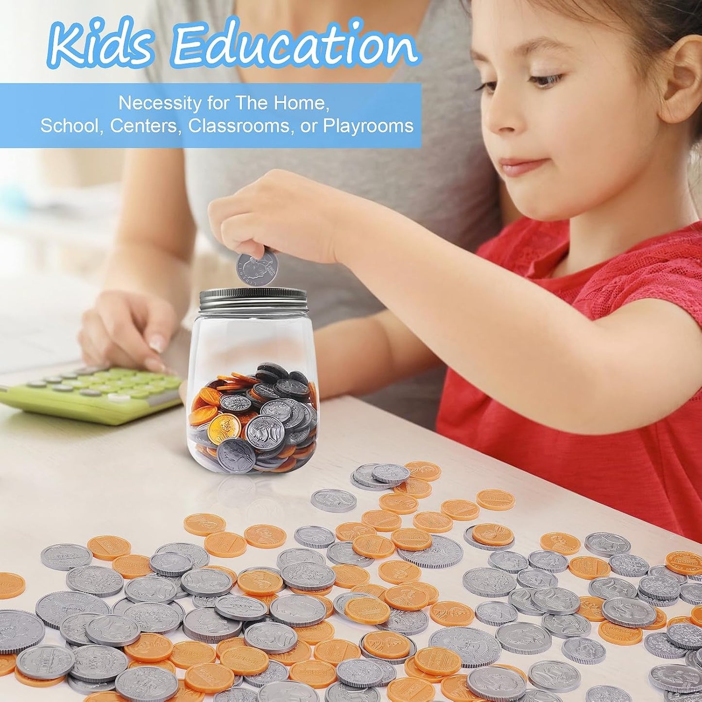Play Money Coins for Kids, 250pcs Detailed Fake Money Coins with Coin Jar, Realistic Teaching Pretend Fake Money Coins Set, Plastic Toy Prop Fake Money Coins for Kids Learning Education Party