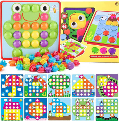 Yihurlm 58 Pcs Button Art Toys for Toddlers,Color Matching Mosaic Pegboard Early Learning Educational Toys,Toddler Activities Crafts for Toddlers,Include 12 Pictures and 46 Buttons with Box