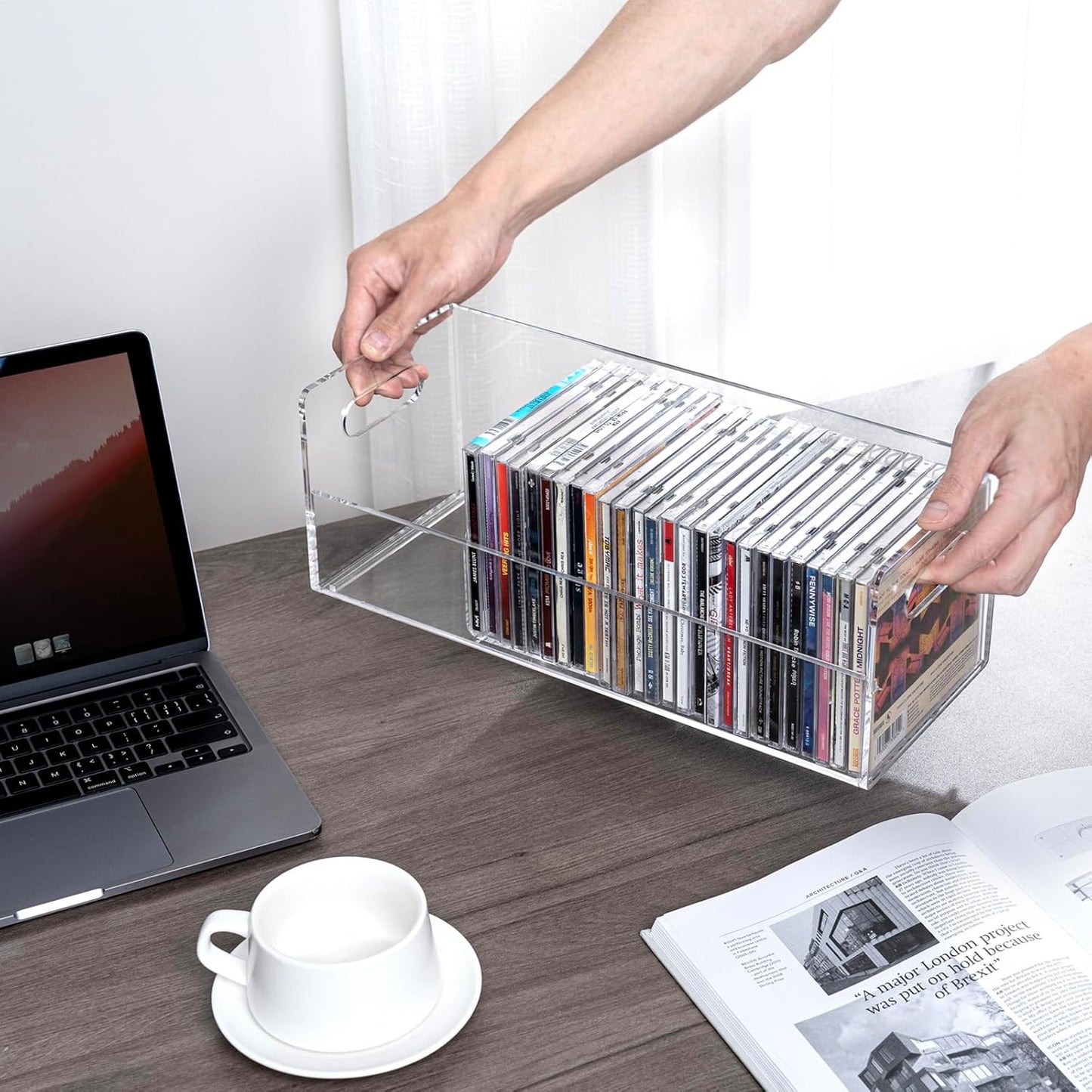 MyGift Modern Premium Clear Acrylic Stackable CD Holder Rack with Cutout Carrying Handles, Compact Disc Jewel Case Display Crate, Media Storage Organizer